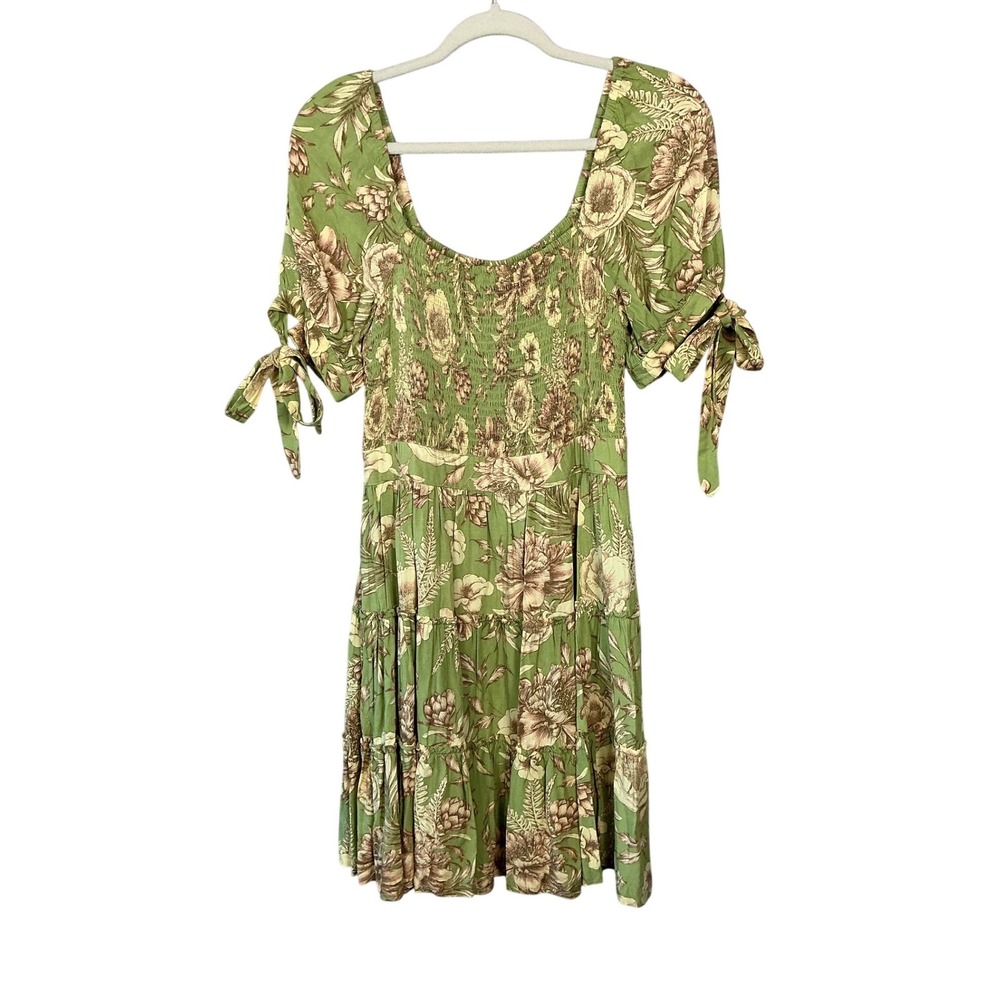 Agua Bendita for Target Green Floral Smocked Tiered Mini Dress Puff Sleeve Small